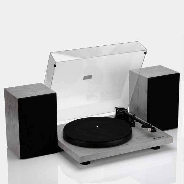 Crosley C62 Grey Shelf System Turntable and Speakers Hot on Sale - Image 3